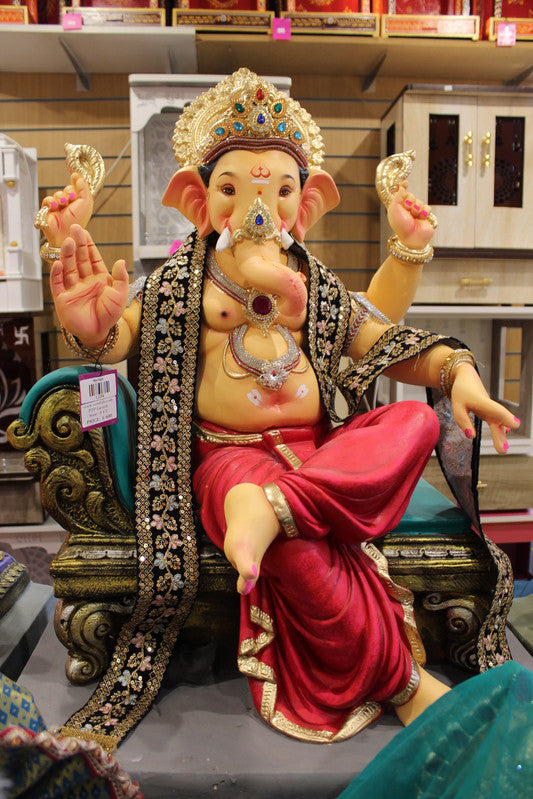 POP Ganesh Visarjan Idol - Black-Gold Sash & Crimson Dhoti, 3ft - front