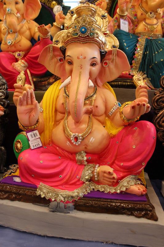 Eco-Friendly Ganesh Visarjan Idol - Jewellery Style, Yellow & Coral Pink, ~30 inch - front