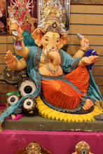 Load image into Gallery viewer, POP Ganesh Visarjan Idol Turquoise and Orange with Lotus Base 3ft - with price tag