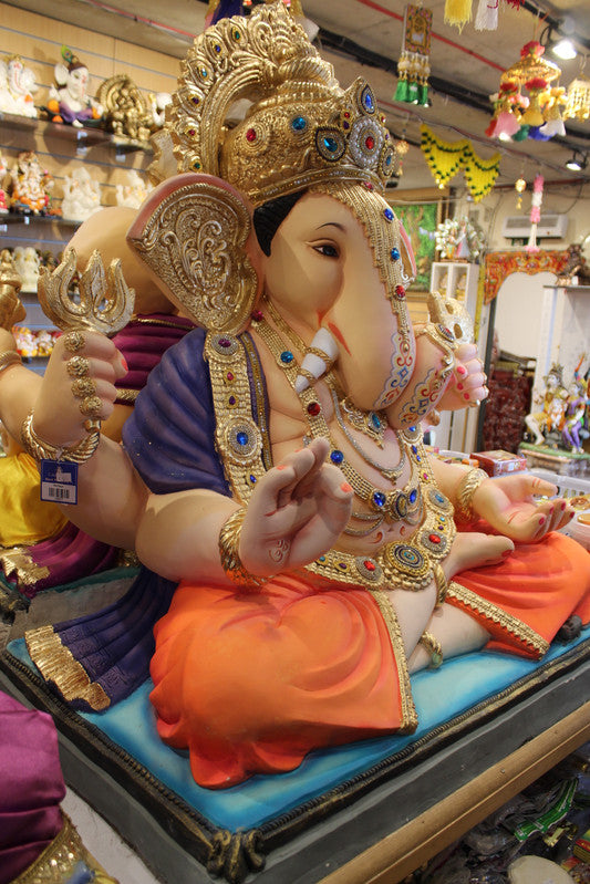 POP Ganesh Visarjan idol, Purple and Orange variant, close-up