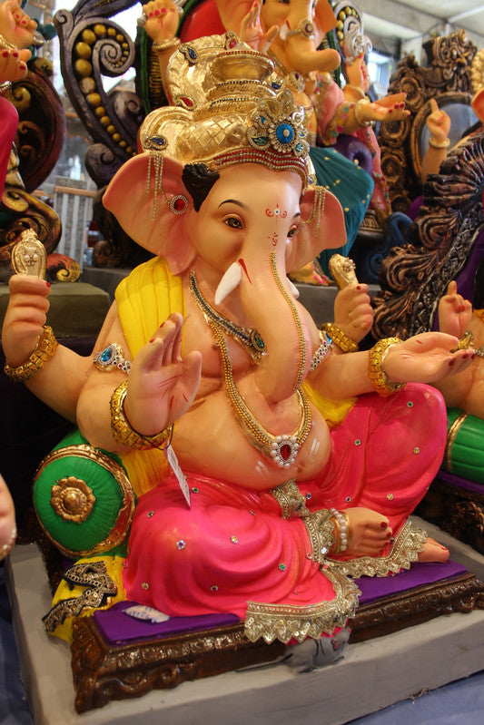 Eco-Friendly Ganesh Visarjan Idol - Jewellery Style, Yellow & Coral Pink, ~30 inch - angle