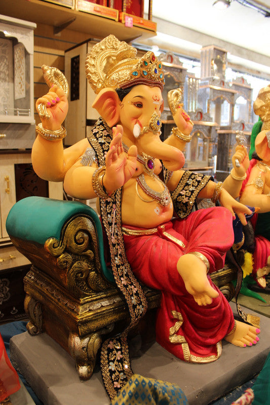 POP Ganesh Visarjan Idol - Black-Gold Sash & Crimson Dhoti, 3ft - angle