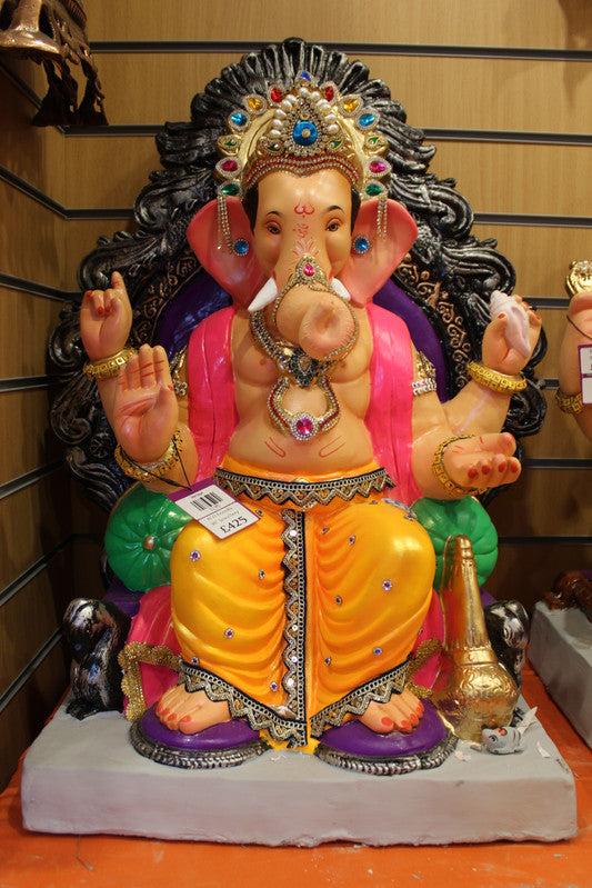 Eco-Friendly Ganesh Visarjan Idol - Gem-Studded Crown, Pink & Mustard, ~30 inch - front