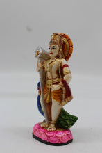 Load image into Gallery viewer, Standing Lord Murugan Idol with Peacock – Pink Lotus Base - Purple - angled view