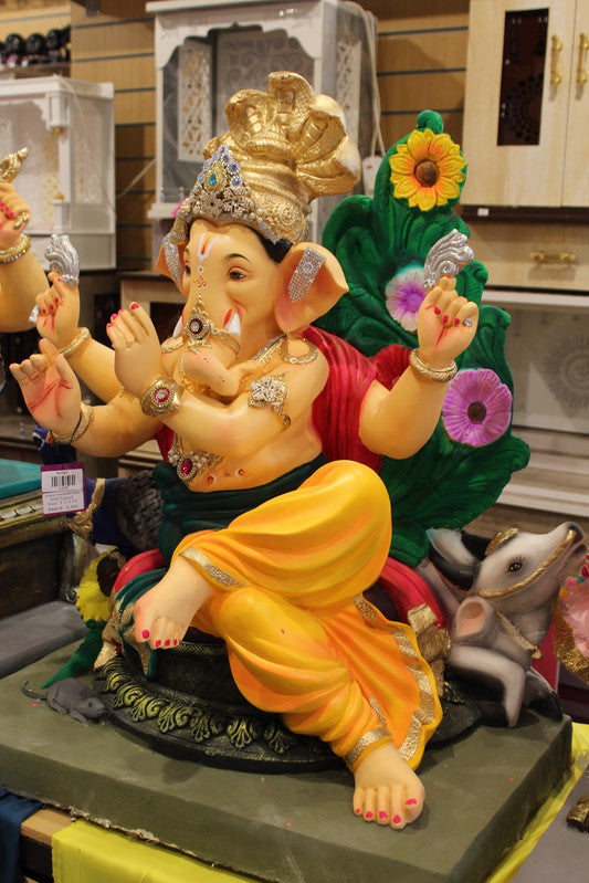 POP Ganesh Visarjan Idol - Green Sash & Saffron Dhoti, Peacock Base, ~2.5ft - front