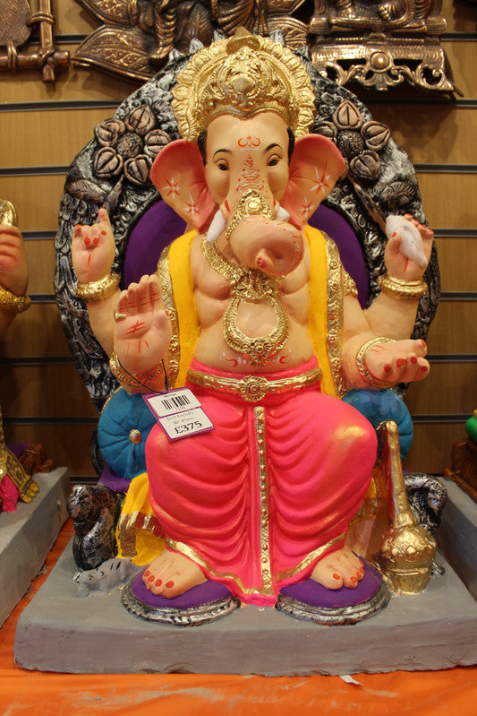 Eco-Friendly Ganesh Visarjan Idol - Plain Style, Mustard & Pink with Painted Trunk, ~30 inch - front