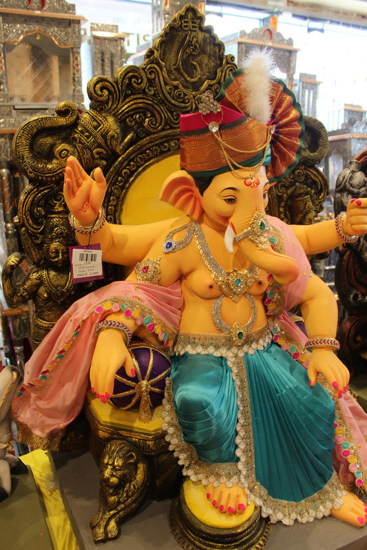 POP Ganesh Visarjan Idol - Peshwa Turban, Pink & Teal, Elephant Throne, 3ft - angle