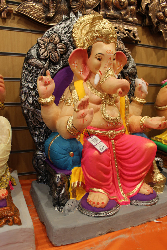 Eco-Friendly Ganesh Visarjan Idol - Plain Style, Mustard & Pink with Painted Trunk, ~30 inch - angle