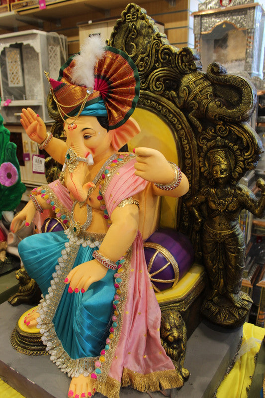 POP Ganesh Visarjan Idol - Peshwa Turban, Pink & Teal, Elephant Throne, 3ft - side
