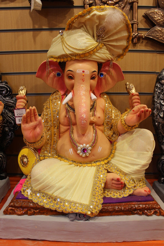 Eco-Friendly Ganesh Visarjan Idol - Ivory & Gold Safa Set, ~30 inch - front