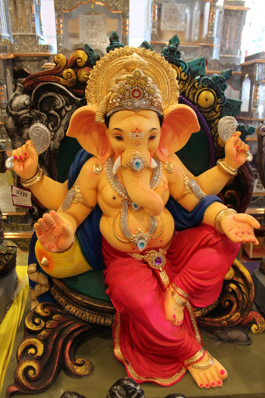 POP Ganesh Visarjan Idol - Blue Drape & Rose Dhoti, Carved Lion Throne, 3ft - front