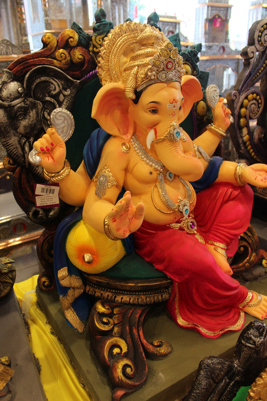 POP Ganesh Visarjan Idol - Blue Drape & Rose Dhoti, Carved Lion Throne, 3ft - angle