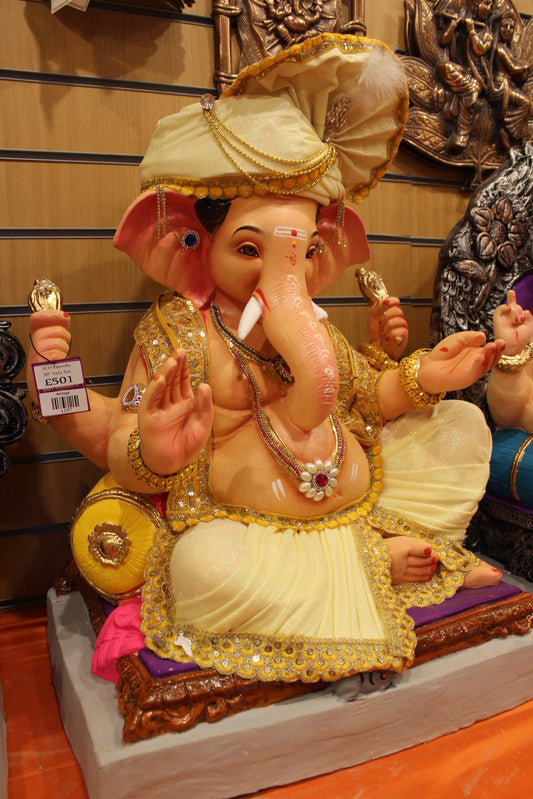 Eco-Friendly Ganesh Visarjan Idol - Ivory & Gold Safa Set, ~30 inch - angle