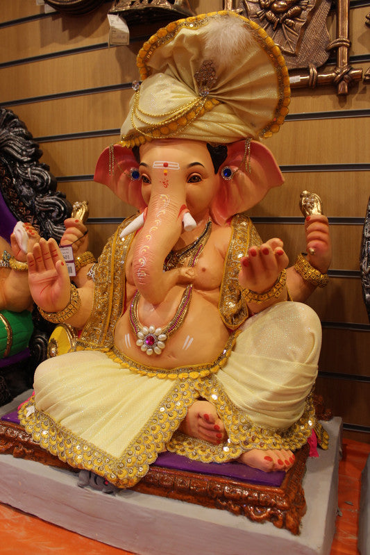 Eco-Friendly Ganesh Visarjan Idol - Ivory & Gold Safa Set, ~30 inch - side