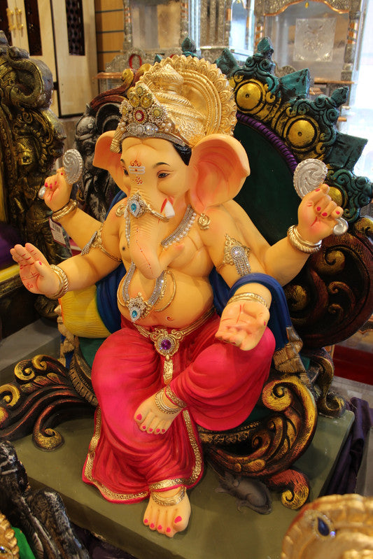 POP Ganesh Visarjan Idol - Blue Drape & Rose Dhoti, Carved Lion Throne, 3ft - side