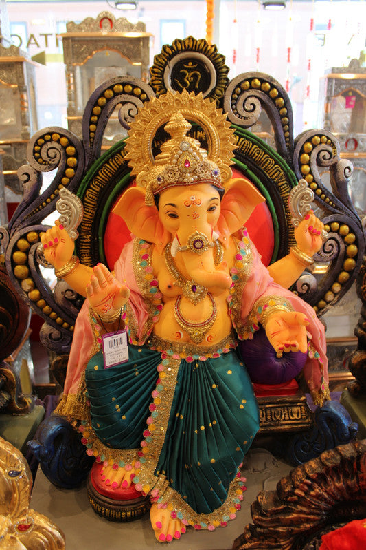 POP Ganesh Visarjan Idol - Pink & Teal with Om Medallion Throne, 3ft - front