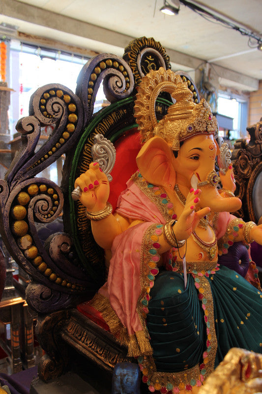 POP Ganesh Visarjan Idol - Pink & Teal with Om Medallion Throne, 3ft - angle