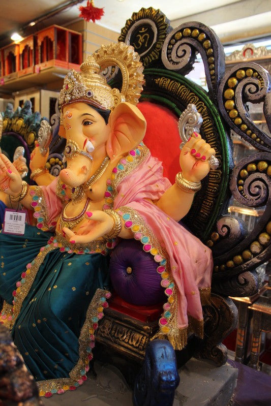 POP Ganesh Visarjan Idol - Pink & Teal with Om Medallion Throne, 3ft - side