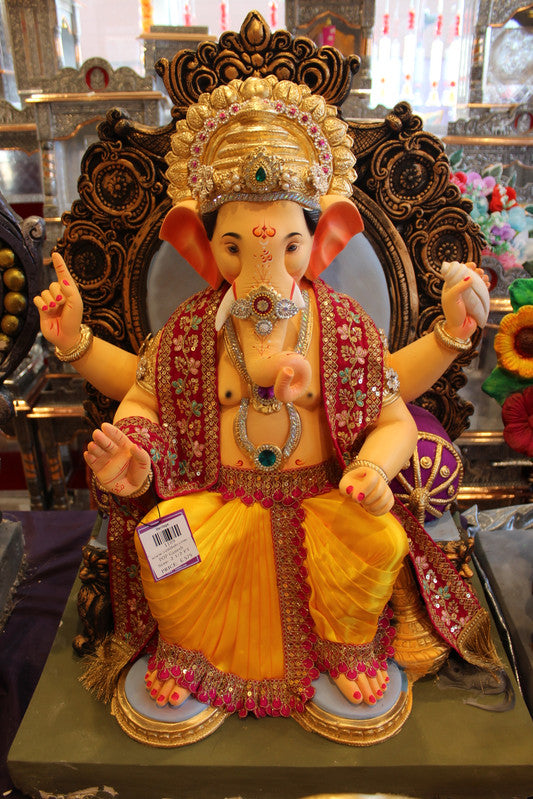 POP Ganesh Visarjan Idol - Red-Gold Sash & Yellow Dhoti, Mirror Throne, ~2.5ft - front