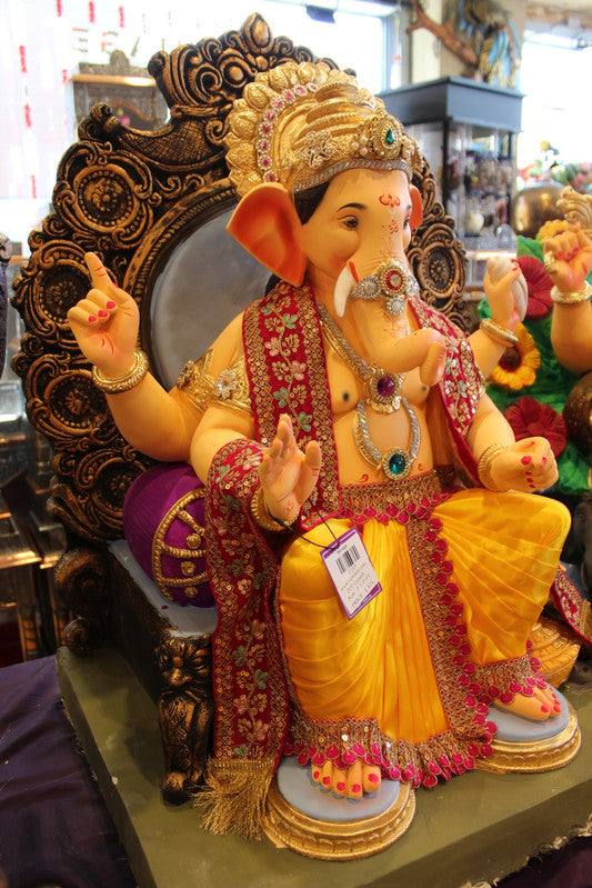 POP Ganesh Visarjan Idol - Red-Gold Sash & Yellow Dhoti, Mirror Throne, ~2.5ft - angle