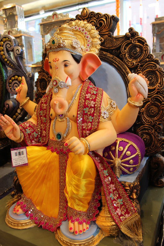 POP Ganesh Visarjan Idol - Red-Gold Sash & Yellow Dhoti, Mirror Throne, ~2.5ft - side
