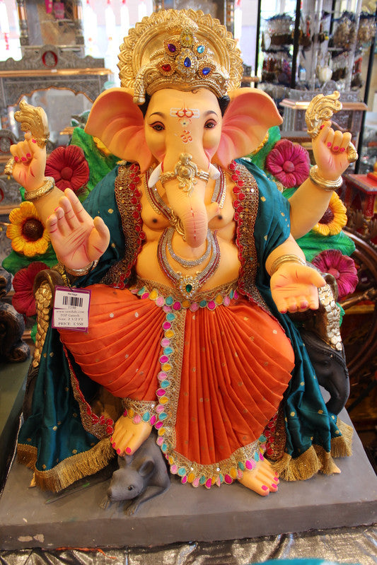 POP Ganesh Visarjan Idol - Teal & Rust with Sunflower Backdrop, ~2.5ft - front