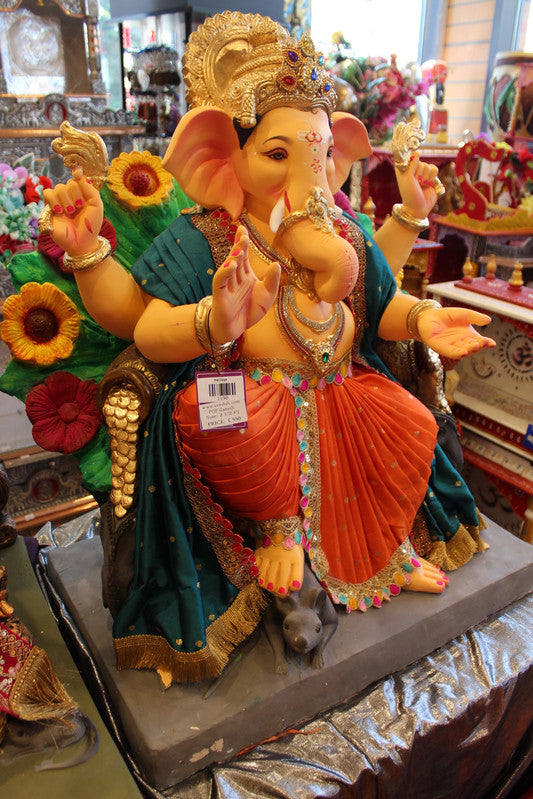 POP Ganesh Visarjan Idol - Teal & Rust with Sunflower Backdrop, ~2.5ft - angle