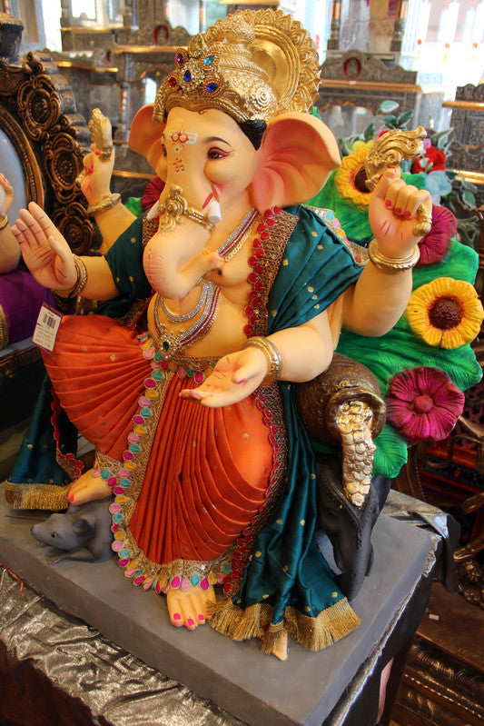 POP Ganesh Visarjan Idol - Teal & Rust with Sunflower Backdrop, ~2.5ft - side