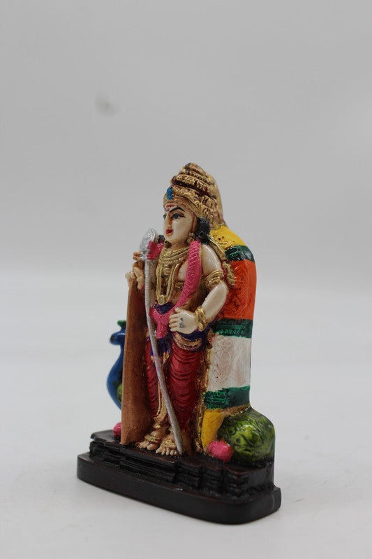 Standing Lord Murugan Idol with Peacock – Golden Pillar Base - Red - angled view