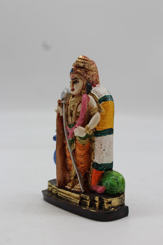 Standing Lord Murugan Idol with Peacock – Golden Pillar Base - Orange - angled view