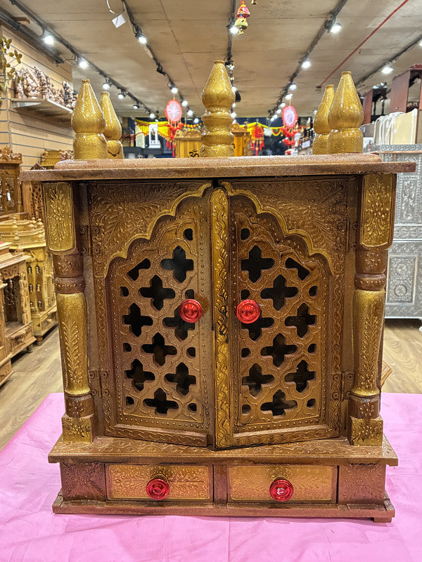 Antique Bronze Wooden Mandir – Gold Accents, 56cm (A111)