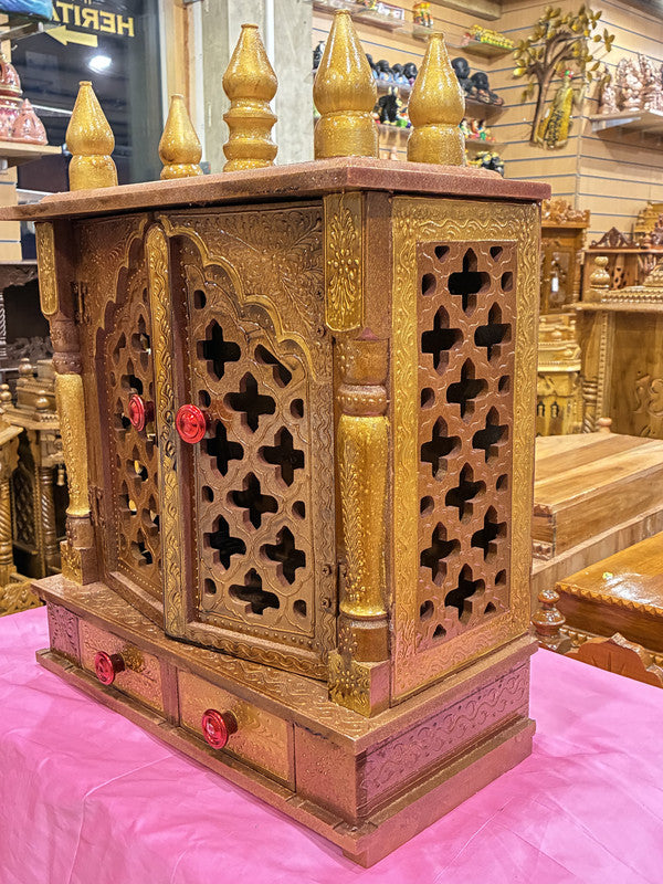 Antique Bronze Wooden Mandir – Gold Accents, 56cm (A111)