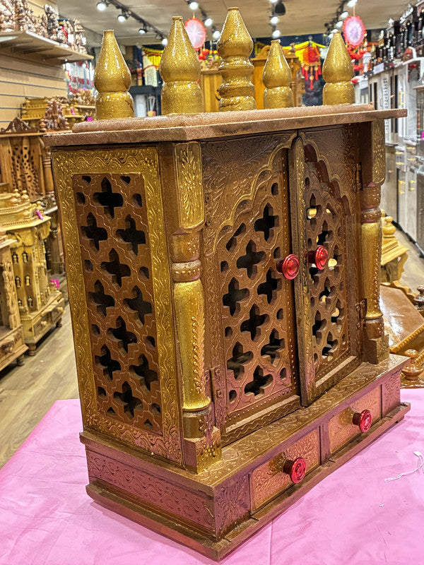 Antique Bronze Wooden Mandir – Gold Accents, 56cm (A111)