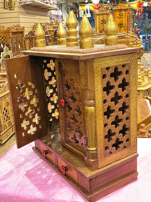 Antique Bronze Wooden Mandir – Gold Accents, 56cm (A111)