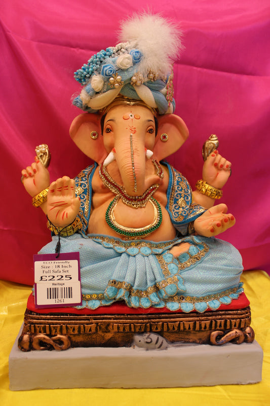 Eco-Friendly Ganesh Visarjan Idol – Full Safa Set, Powder Blue & Gold with Rose Safa, 18 inch