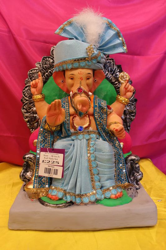 Eco-Friendly Ganesh Visarjan Idol – Full Safa Set, Powder Blue Velvet & Turquoise, 18 inch