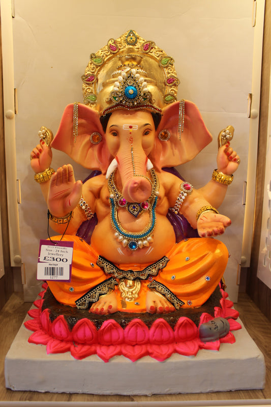 Eco-Friendly Ganesh Visarjan Idol – Saffron Dhoti & Pink Lotus Halo, 24 inch