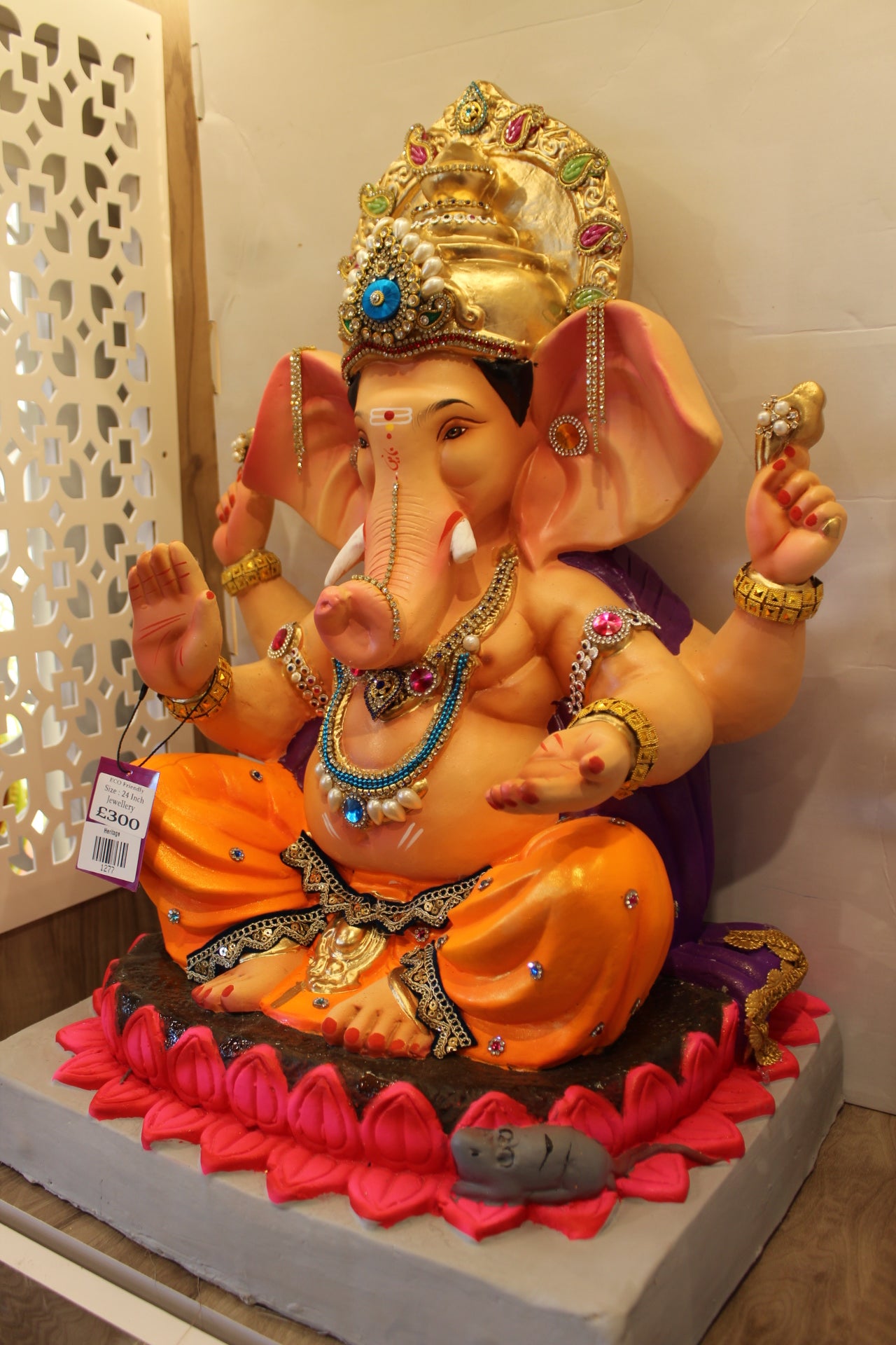 Eco-Friendly Ganesh Visarjan Idol – Saffron Dhoti & Pink Lotus Halo, ~24 inch