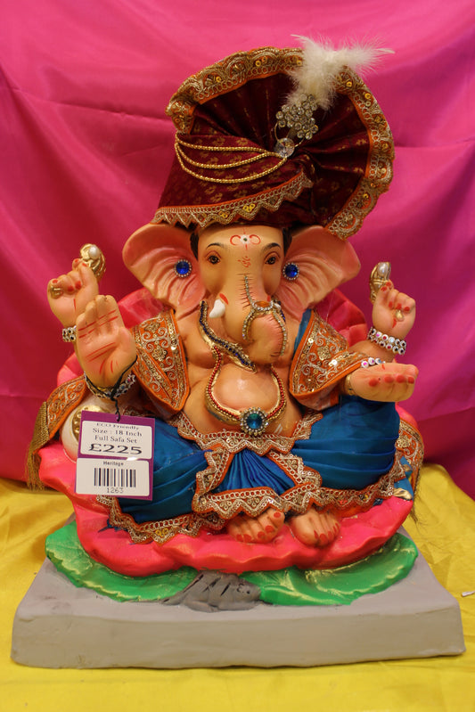 Eco-Friendly Ganesh Visarjan Idol – Full Safa Set, Royal Blue & Coral with Maroon Safa, 18 inch