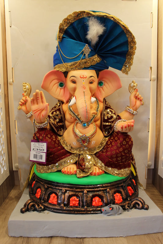 Eco-Friendly Ganesh Visarjan Idol – Full Safa Set, Maroon Brocade & Blue Safa, 24 inch