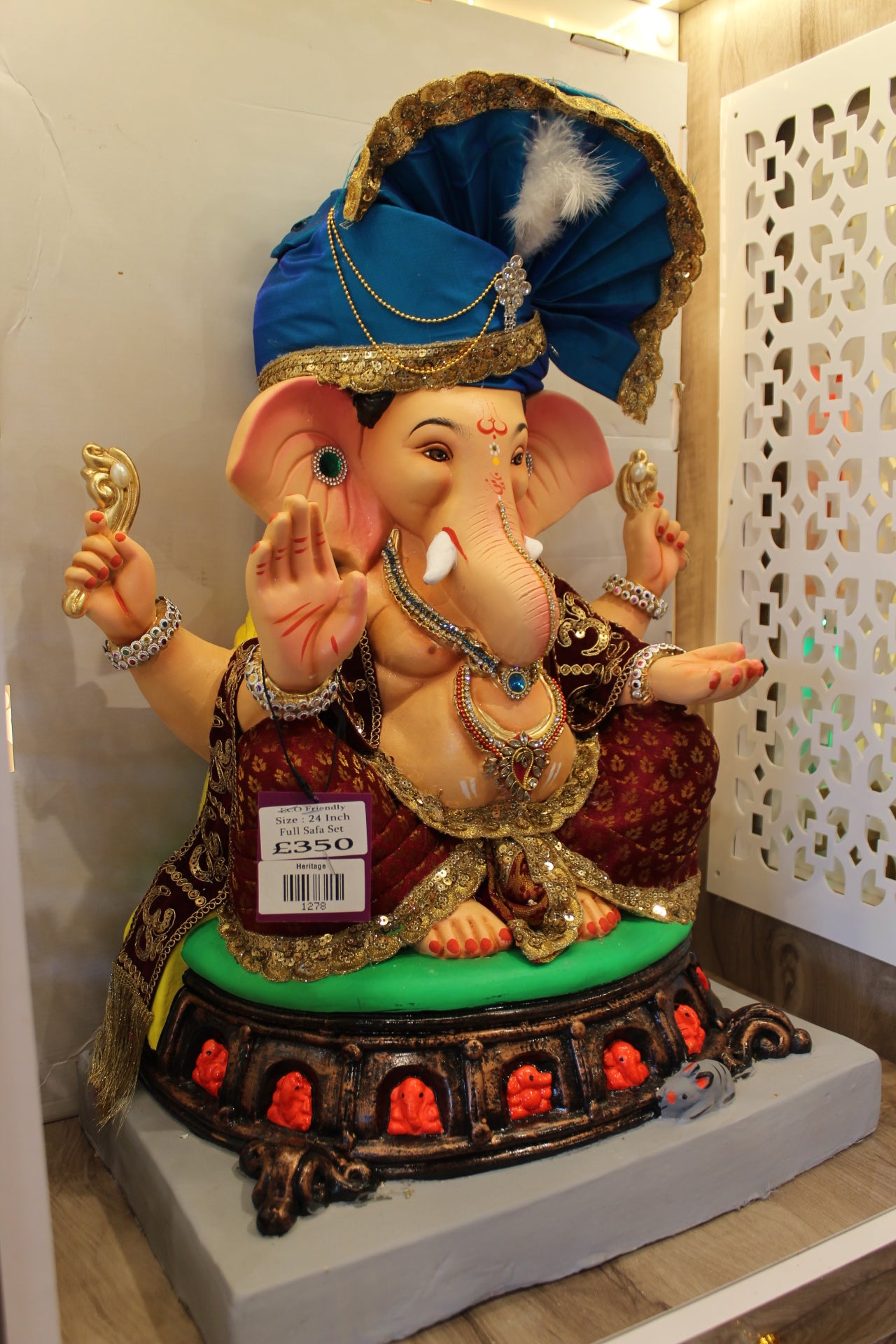 Eco-Friendly Ganesh Visarjan Idol – Full Safa Set, Maroon Brocade & Blue Safa, ~24 inch