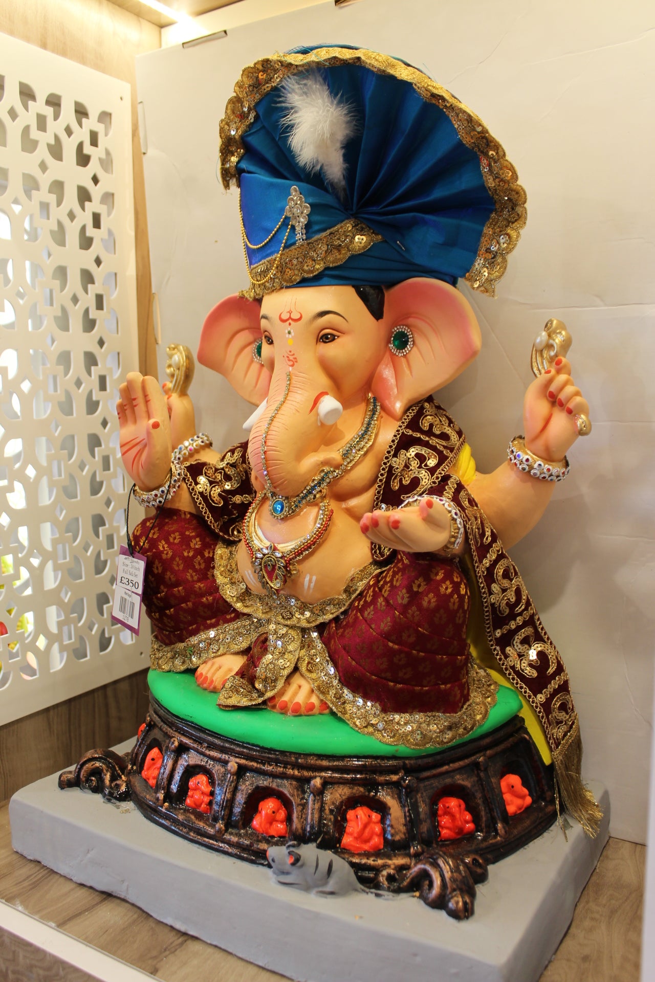 Eco-Friendly Ganesh Visarjan Idol – Full Safa Set, Maroon Brocade & Blue Safa, ~24 inch
