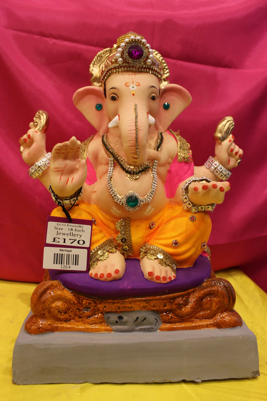 Eco-Friendly Ganesh Visarjan Idol – Jewellery Style, Marigold Dhoti & Pink Sash, 18 inch