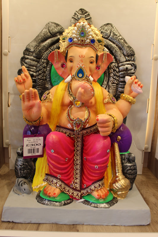 Eco-Friendly Ganesh Visarjan Idol – Rani Pink Drape & Yellow Khes, 24 inch