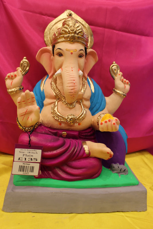 Eco-Friendly Ganesh Visarjan Idol – Magenta Dhoti & Blue Khes, Gold Mukut, 18 inch