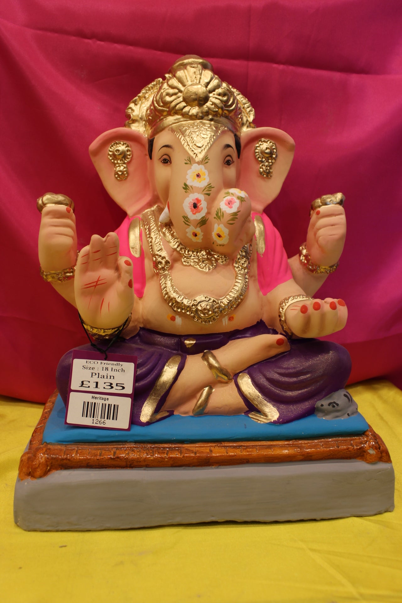 Eco-Friendly Ganesh Visarjan Idol – Pink Khes & Purple Dhoti, Gold Fan Mukut, ~18 inch