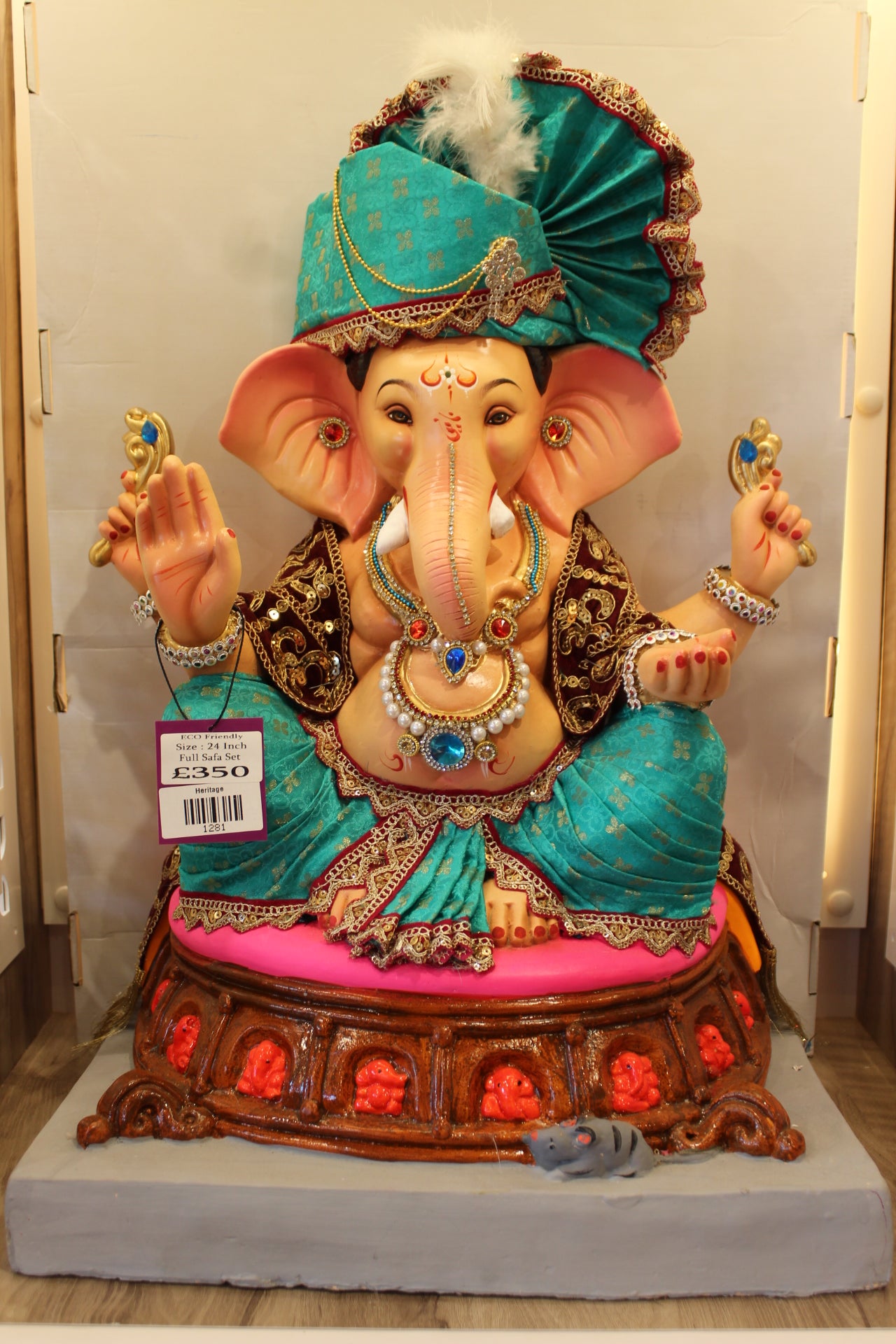 Eco-Friendly Ganesh Visarjan Idol – Full Safa Set, Teal Velvet & Gold Dot, ~24 inch