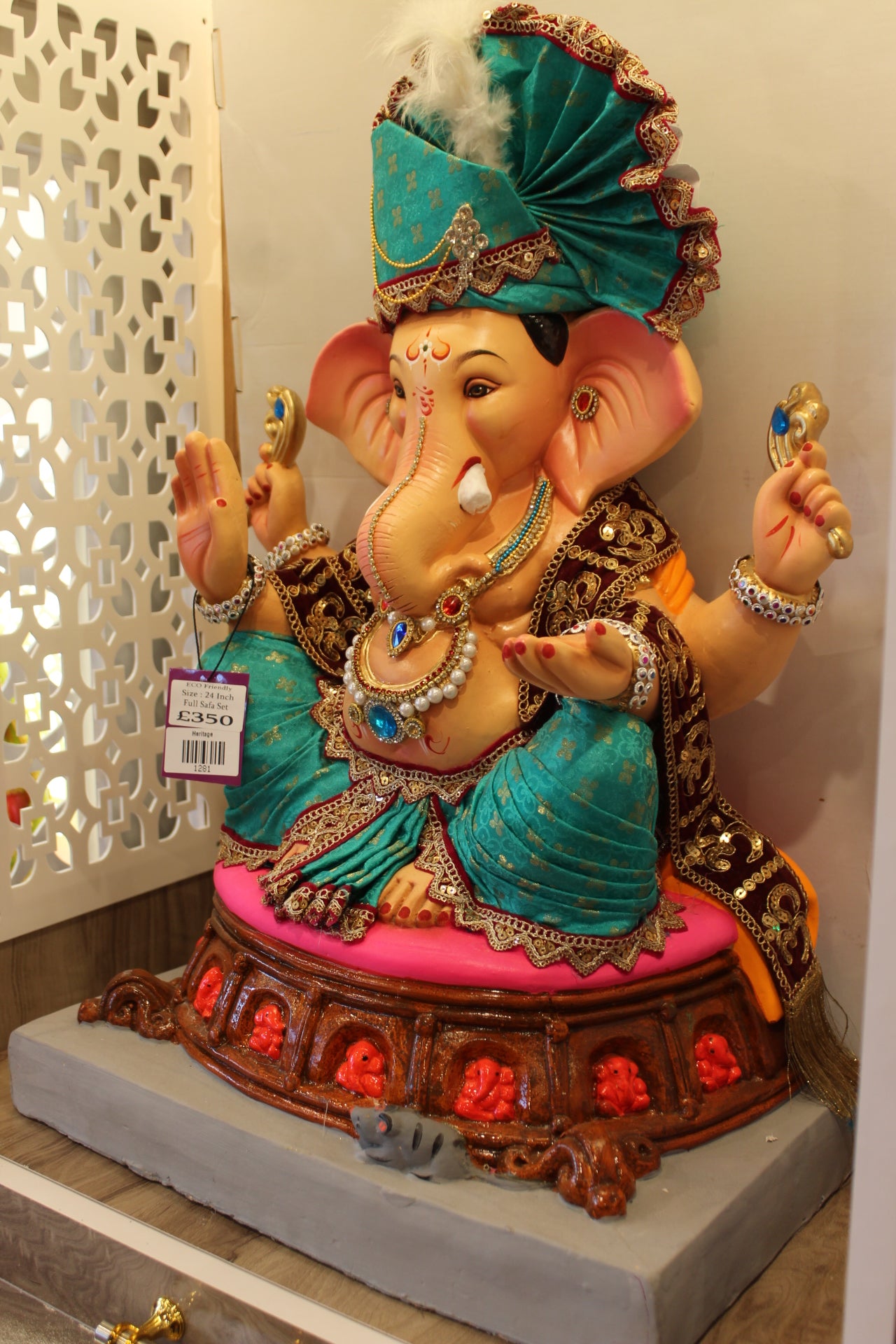 Eco-Friendly Ganesh Visarjan Idol – Full Safa Set, Teal Velvet & Gold Dot, ~24 inch