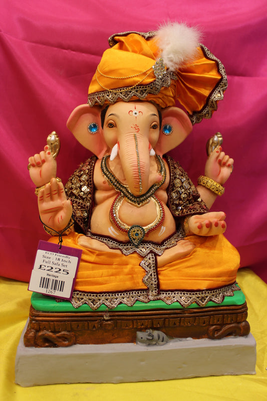 Eco-Friendly Ganesh Visarjan Idol – Full Safa Set, Marigold Silk & Antique Gold, 18 inch