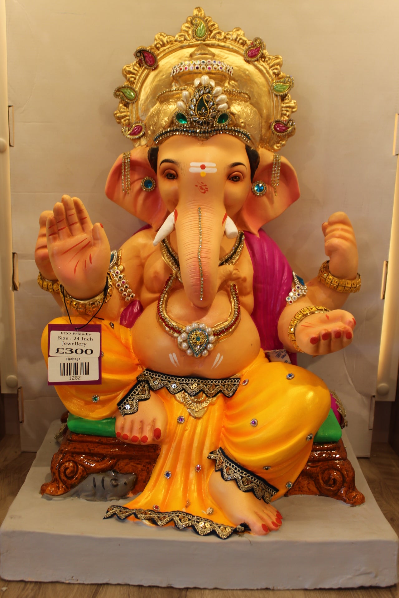 Eco-Friendly Ganesh Visarjan Idol – Marigold Dhoti & Magenta Drape, Gold Halo, ~24 inch
